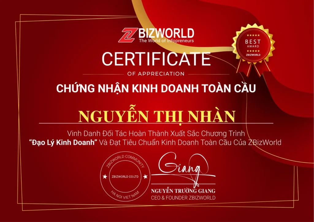 Chứng nhận Đạo Lý Kinh Doanh của Nguyễn Thị Nhàn