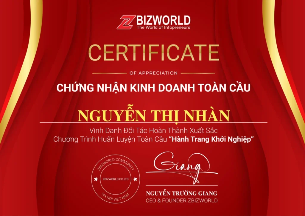 Chứng nhận Hành Trang Khởi Nghiệp của Nguyễn Thị Nhàn